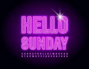 Vector happy emblem Hello Sunday.  Bright neon Font. Glowing Alphabet Letters and Numbers set 
