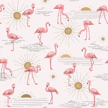 Flamingo with sun seamless vector pattern