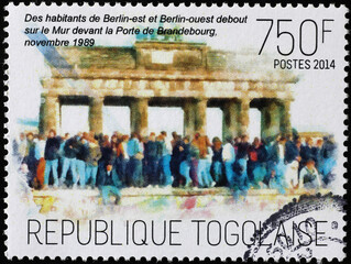 Fall of the Berlin Wall celebrated on postage stamp on stamp