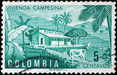 Farm on vintage postage stamp of Colombia