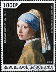 Girl with a Pearl Earring by Vermeer on stamp - obrazy, fototapety, plakaty