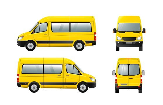 Yellow passenger minibus, front, rear, right, left view.