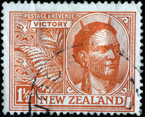 Tattoed maori chief on ancient New Zealand stamp