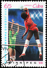 Volleyball players on cuban postage stamp