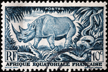 Black rhinoceros on ancient african postage stamp