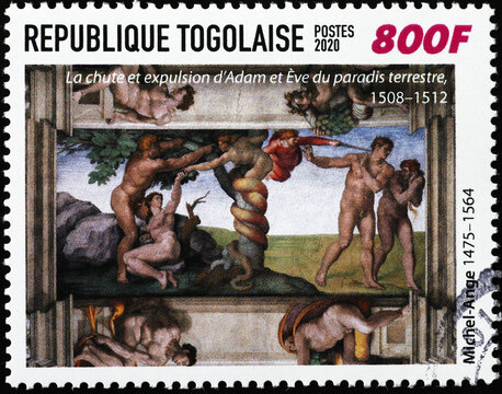 The expulsion from Eden on postage stamp