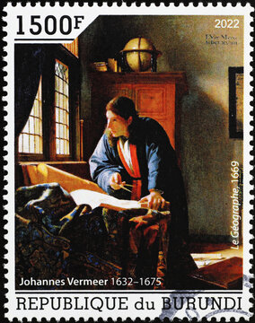 The Geographer by Vermeer on postage stamp