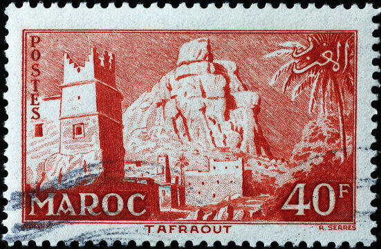 Town of Tafraout on vintage moroccan postage stamp