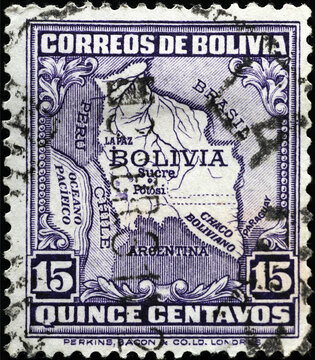 Vintage map of Bolivia on old postage stamp