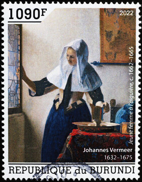 Woman with a Water Jug by Vermeer on postage stamp