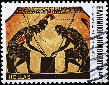 Achilles and Ajax playing dice on greek postage stamp