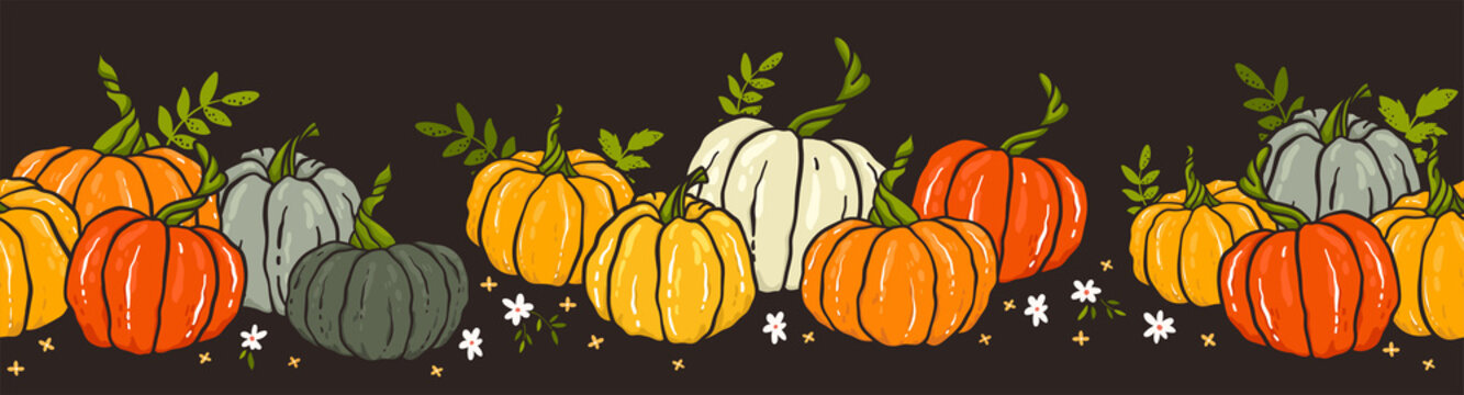 
Cute hand drawn pumpkin horizontal seamless pattern, hand drawn pumpkins - great as Thanksgiving background, textiles, banners, wallpapers, wrapping - vector design