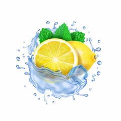 lemon slices and fresh mint leaves in a splash of water or tea with drops. Lemonade, ice cubes, lemon beverage vector © lightgirl