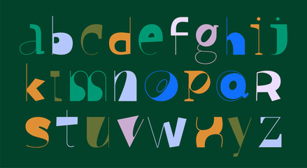 Large set of random letter shapes. English alphabet from geometric capital letters of eclectic shapes. Brutalism modern font type. Condensed and Bold font from geometric objects.