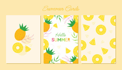 Hello, summer! A set of summer, bright, sunny postcards with pineapple and tropical leaves. Exotic summer background with creative design, postcards, posters, template.