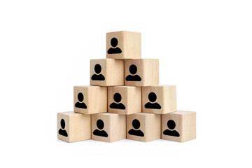 Human Resources, Management hierarchy pyramid with wooden cubes on white. Human resources, corporate hierarchy concept and multilevel marketing , recruiter complete team represented.