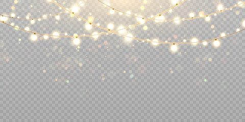 Fototapeta Christmas lights isolated on transparent background. Set of golden Christmas glowing garlands with sparks. For congratulations, invitations and advertising design. Vector obraz