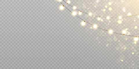 Christmas lights isolated on transparent background. Set of golden Christmas glowing garlands with sparks. For congratulations, invitations and advertising design. Vector