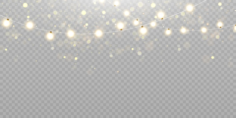 Christmas lights isolated on transparent background. Set of golden Christmas glowing garlands with sparks. For congratulations, invitations and advertising design. Vector