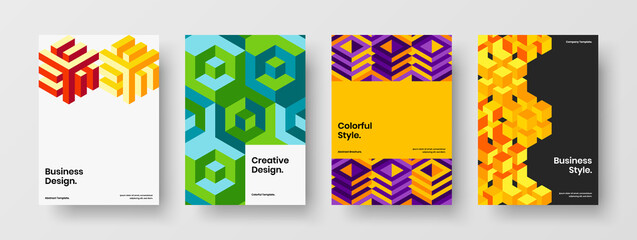 Unique brochure vector design template collection. Bright mosaic hexagons presentation illustration set.