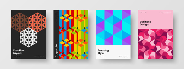 Fresh geometric shapes pamphlet concept bundle. Trendy magazine cover design vector template composition.