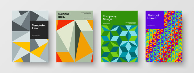 Simple company brochure A4 vector design template collection. Fresh geometric tiles front page illustration bundle.