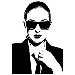 Beauty, style and fashion concept. Abstract woman face with sunglasses silhouette illustration. Model wearing classic suit and touching tie with hand. Classic hairstyle. Looking to camera