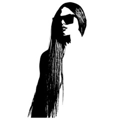 Beauty, style and fashion concept. Abstract woman face with sunglasses silhouette illustration. Black woman face silhouette looking down in white background. Model with long hair