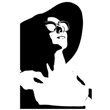 recommend clip art: Beauty, style and fashion concept. Abstract woman face with sunglasses and big hat silhouette illustration. Abstract and minimalist art of sexy looking model. French style. Woman looking up
