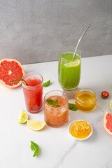 Cold natural summer beverages with fruis ice tea honey soda punch copy space honey