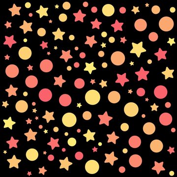 Pink, Yellow, And Orange Stars And Circles Pattern On The Black Background. Vector Illustration.	