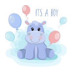 Fototapeta premium baby shower greeting card with baby hippo. It's a boy
