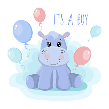 baby shower greeting card with baby hippo. It's a boy