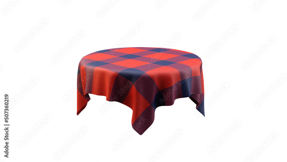 Poster red plaid tablecloth on round table isolated white background. 3d rendering.