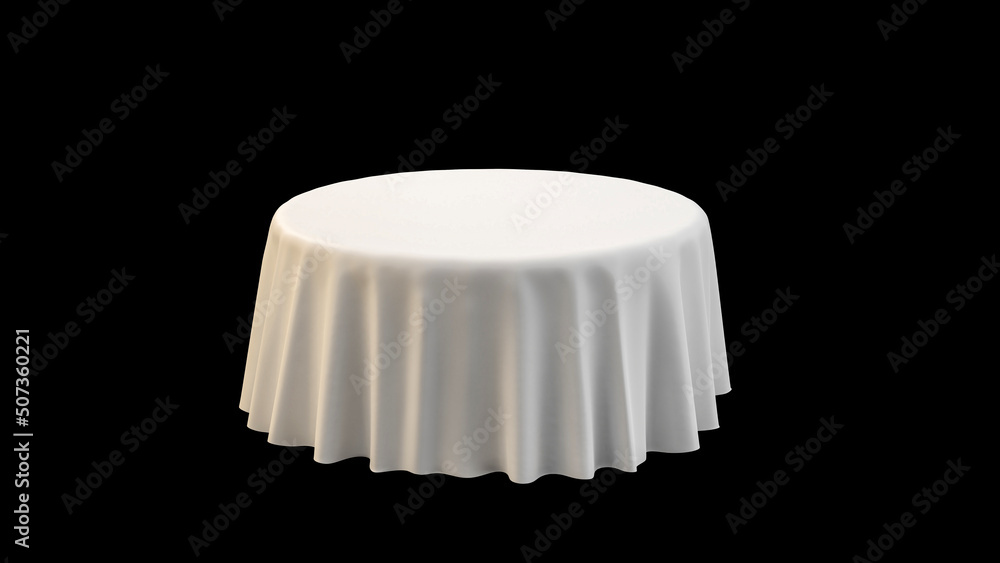 Poster empty round table with white tablecloth isolated on black background. 3d rendering.