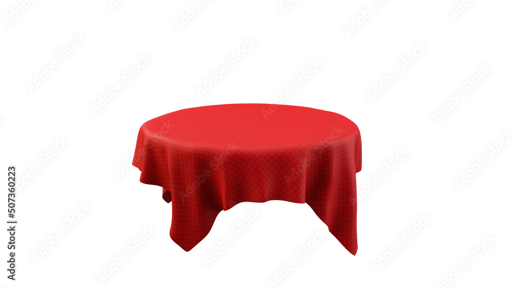 Poster red tablecloth on round table empty mockup. isolated illustration on a white background. 3d renderin