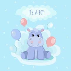baby shower greeting card with baby hippo. It's a boy