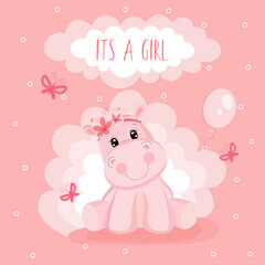 Baby shower greeting card with baby hippo. It's a girl