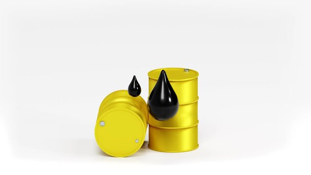 Yellow fuel barrels with two  drops of oil and petrol sign