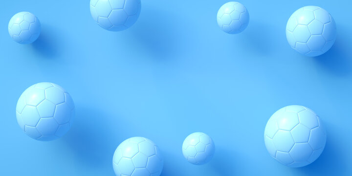 Blue Soccer balls and Blue background with copy space. 3D rendering