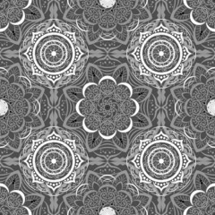 Seamless pattern, vector. Mandala, ethnic and swirl pattern, grey background.