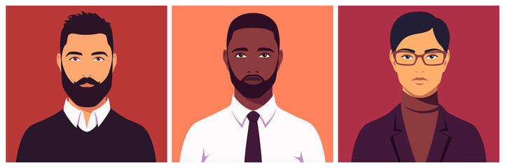 Portrait of young businessman, full face. Portraits of multicultural office workers. Abstract male portrait. Stock vector isolated illustration in flat style.