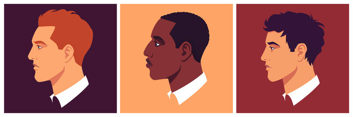 Head of brunet, redhead and african man in profile. Male portrait, face side view. Avatar of businessman for social networks. Stock vector illustration in flat style.