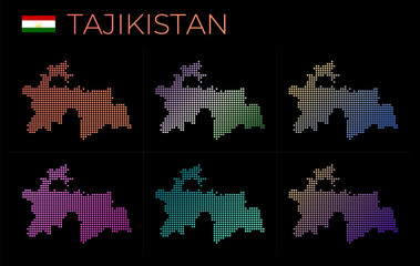 Fototapeta na wymiar Tajikistan dotted map set. Map of Tajikistan in dotted style. Borders of the country filled with beautiful smooth gradient circles. Superb vector illustration.