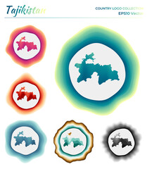 Tajikistan logo collection. Colorful badge of the country. Layers around Tajikistan border shape. Vector illustration.