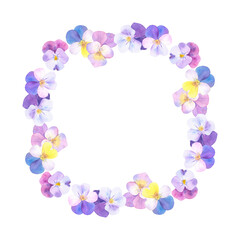 Hand-drawn floral frame with pansies and place for text. Watercolor illustration isolated on white. Perfect as a greeting card, invitation, design element.