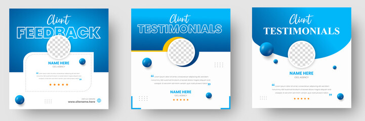 Customer feedback testimonial social media post web banner template. client testimonials social media post banner design template with blue color