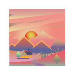 Mountain landscape with sunset in the Roerich style in pink and mauve tones.
