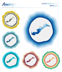 Amorgos logo collection. Colorful badge of the island. Layers around Amorgos border shape. Vector illustration.