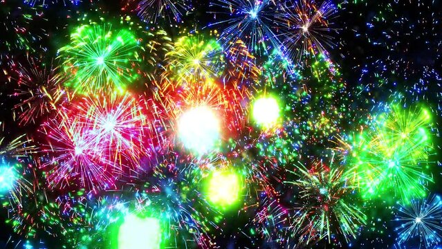 colorfull fireworks background. 4K . real golden shining fireworks with bokeh lights in the night sky. glowing fireworks show. New year's eve fireworks celebration.	